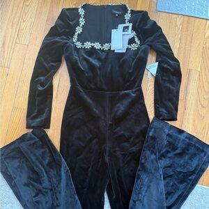 NADINE MERABI Kimberly Black Velvet Embellished Square-Neck Jumpsuit